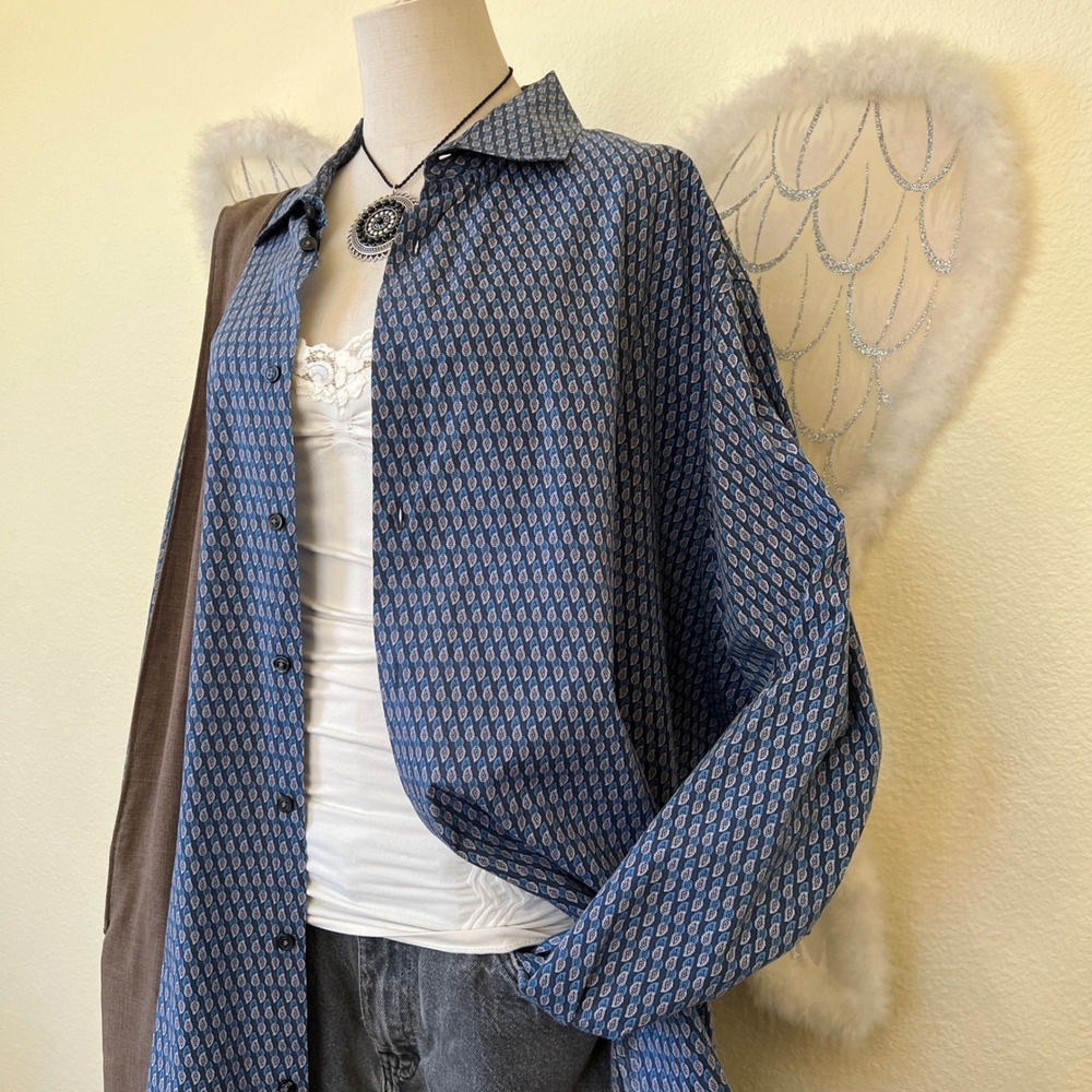 Indie Skater Grunge Paisley Oversized Shirt Button Up Long Sleeve‎ Dad Blue XXL - Picture 6 of 8